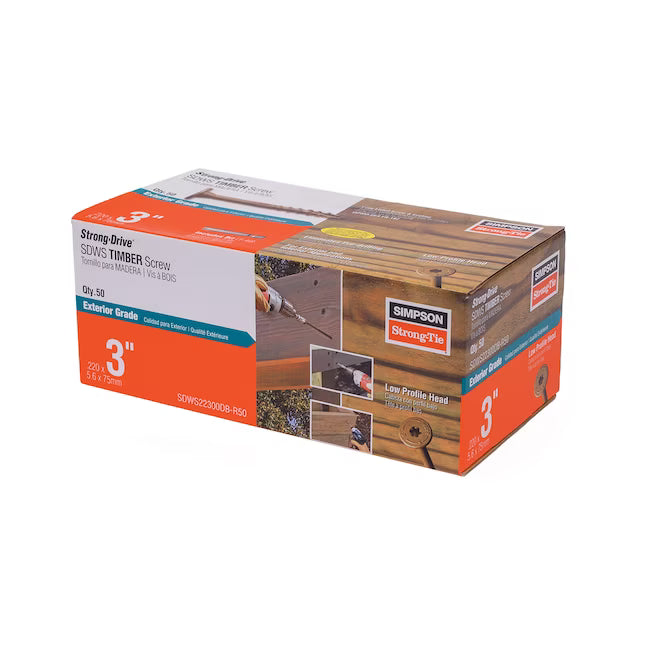 Simpson Strong-Tie Strong-Drive SDWS Timber #12 x 3-in Double-barrier Exterior Construction screws offer corrosion resistance for wood construction and framing; see product images and packaging for details.